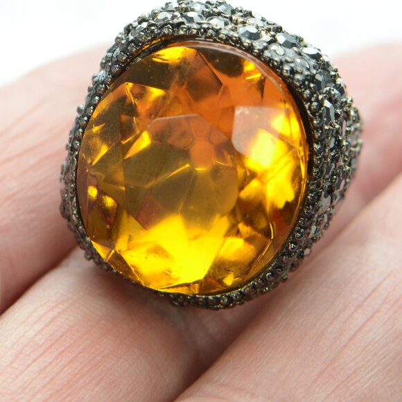 Vintage Kenneth Jay Lane KJL Gunmetal Crystal Ring - Picture 7 of 7